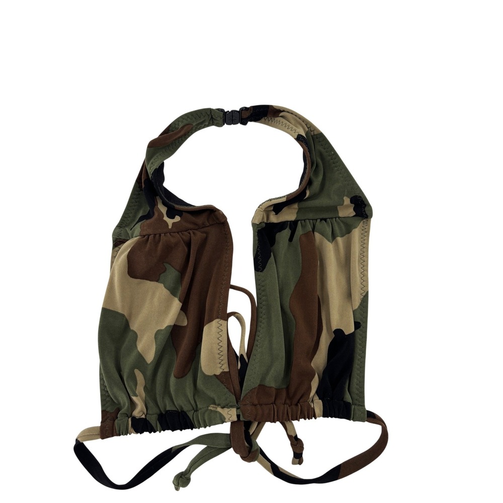 Norma Kamali Bikini Top Womens M Green Camo Halter Plunge Swimwear
